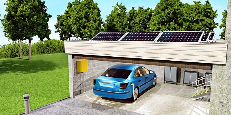 solar panels on the roof and an electric vehicle charging