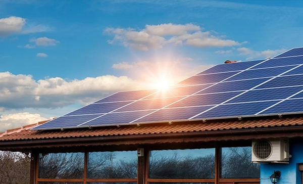 image of sun shining behind residential solar panels on roof